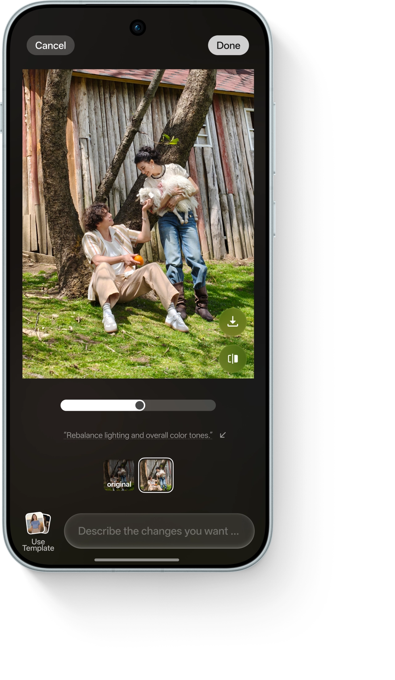 ColorOS 17 AI Editor interface showing lighting and color tone adjustments for a portrait photo